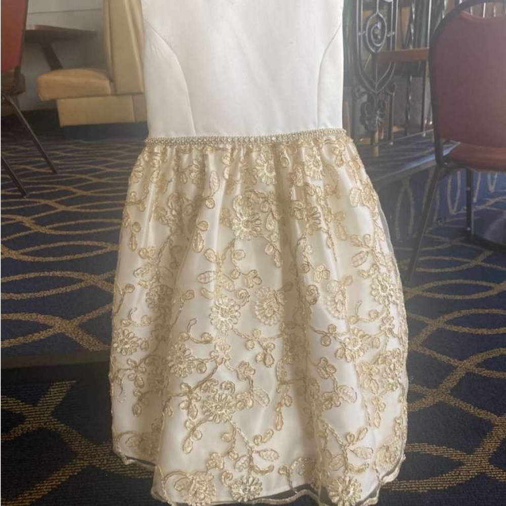 Girls Ivory and Gold Embroidered Party Dress